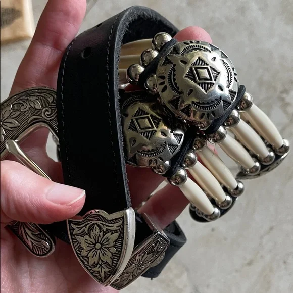 Concho Real leather Western Style Black Cream Belt Silver faux bone festival - Picture 5 of 16